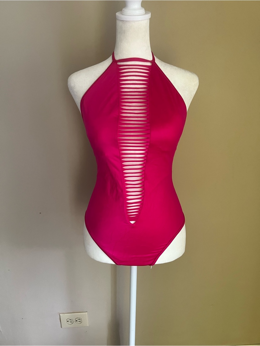 VINTAGE Victoria's Secret Fuchsia Halter One-Piece with Ladder Cutout